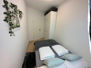 普劳恩Stilvolle, charmante Ferienwohnung in Plauen的一间小卧室,配有床和两个枕头