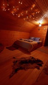 萨拉热窝Mysterylodge Bjelašnica Treskavica的一间设有床铺的卧室,位于一间灯光的房间