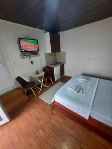 诺弗多伊兰Apartmani Teodora的卧室配有一张床,墙上配有电视。