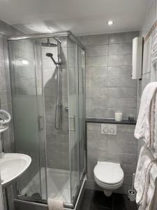 杜塞尔多夫Apartmenthaus Sonnen的带淋浴、卫生间和盥洗盆的浴室