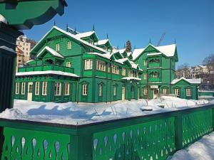 克雷尼察WISŁA Cechini的一座大绿色房子,里面积雪