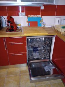卡罗维发利Apartmán Rezidence Čertovka 2121 free parking garage的厨房里设有洗碗机,门开在厨房里