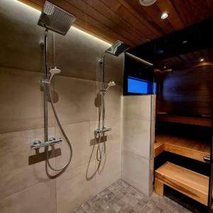 罗瓦涅米Gorgeous Arctic Lodge的带淋浴的浴室和电视。