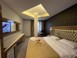 梅尔辛Grand Ezel Hotel的酒店客房设有一张大床和一台电视。