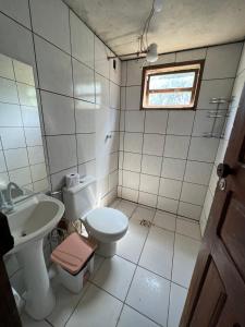 圣若热岛Casa Tamboril的一间带卫生间、水槽和窗户的浴室