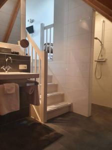 福尔登B&B Joostink in Vorden的一间带楼梯、淋浴和盥洗盆的浴室