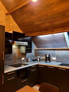阿特Chez Claude appartement cozy climatisé pour 4 personnes tout confort的厨房配有黑色家电和木制天花板
