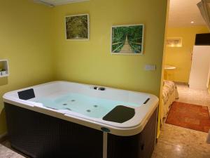 Mazingarbe安妮特之家住宿加早餐旅馆的带有绿色墙壁的客房内的按摩浴缸