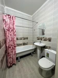 AralʼskГостиница NUR的浴室配有卫生间、浴缸和水槽。