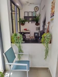蒙巴萨6 Park Retreat的墙上有蓝色椅子和植物的办公室
