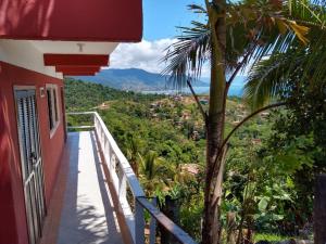 伊利亚贝拉Chalé Boa Vista的棕榈树屋的阳台