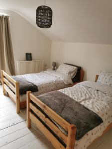 贝克尔斯Beehive Cottage的一间卧室配有两张床和吊灯。