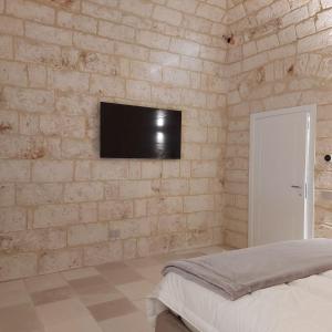 巴里Palazzo Momi的一间卧室设有石墙和平面电视