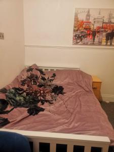 桑德兰The Vacationers - Pvt Rooms with Shared Bath的一张带粉红色棉被和植物的床