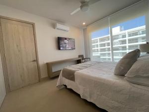 卡塔赫纳Apartamento de Lujo, Mejor Zona de Cartagena, Manzanillo del Mar y Playa.的一间卧室设有一张床、一台电视和一个窗口。