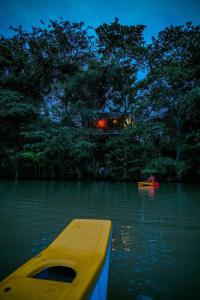 Eco Bliss Cottages - Thanamalwila的夜间水中一艘黄色的船