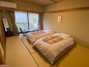 轻井泽IKOI Villa的带窗户的客房内的两张床