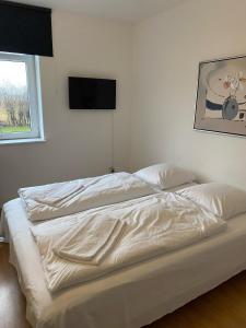 HolebyOnlySleep Femern的一张铺有白色床单的床和墙上的电视