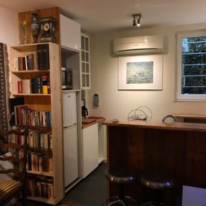 安特卫普Caravaggio Boutique Suites的厨房配有冰箱和书架