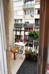 布达佩斯布鲁门公寓的阳台,配有桌子和盆栽植物,还有一座建筑