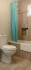 罗萨里奥港Bed & Breakfast Descanso y Relax的浴室设有卫生间和蓝色的浴帘。
