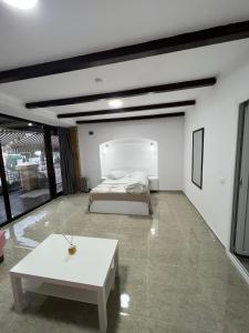 布加勒斯特Hostel Casa Popa Nan的卧室配有1张床和1张白色桌子
