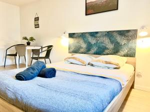 沙泰勒罗Izicozy Studios - Immeuble Guillemot的一间卧室配有一张带蓝色毯子的床