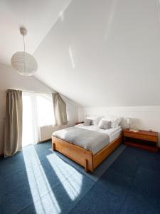 伦达瓦Fado Apartments Lendava的白色的卧室设有床和大窗户