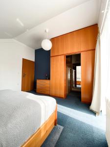 伦达瓦Fado Apartments Lendava的一间卧室配有一张床和木制橱柜