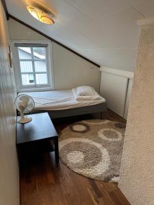 维尼斯拉Familievennlig leiligheten leies ut på Sørlandet.的小房间,配有床和地毯