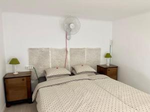 布达佩斯22号公寓的一间卧室配有一张带两盏灯的床和风扇。