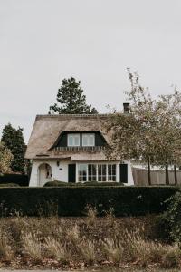 卡斯特尔莱Charmeverblijf Juliette的白色的茅草屋顶房屋