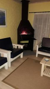 FranskraalstrandYellow Submarine的客厅设有壁炉、两把椅子和一张沙发