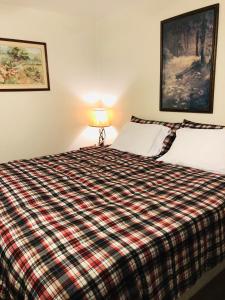 希尔城Black Hills Motel at Quail's Crossing的一间卧室配有一张带铺着平底毯的床