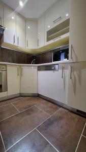 特罗吉尔Apartments Jelica的厨房配有白色橱柜和不锈钢用具