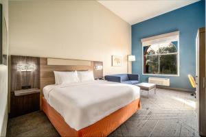 梅萨Holiday Inn Express & Suites Phoenix - Mesa West, an IHG Hotel的一间卧室设有一张大床和蓝色的墙壁