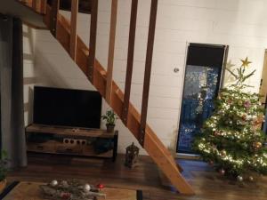 迪森Wooden cave的客厅拥有圣诞树和楼梯