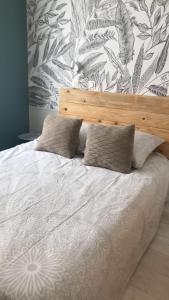蒙特利马尔Studio ,Centre Historique , Entrée Autonome的卧室内的一张带木制床头板和枕头的床