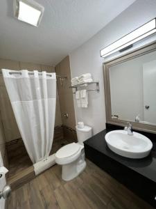 安纳海姆安纳海姆奥朗热6号酒店的一间带卫生间和水槽的浴室