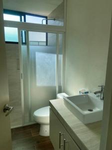 底拉斯卡拉PRECIOSA CASA NUEVA UNA PLANTA NAMASTE的白色的浴室设有卫生间和水槽。