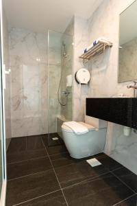 新加坡ibis budget Singapore Gold的带淋浴、卫生间和盥洗盆的浴室