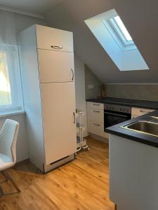 费尔德基希Ferienwohnung Alpina的厨房配有白色冰箱和天窗