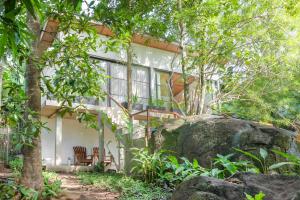 美娜多Thalassa Dive & Wellbeing Resort Manado的树上的房子,大石头