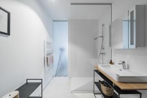 维也纳City Sky Studio mit Balkon Vienna的白色的浴室设有水槽和淋浴。