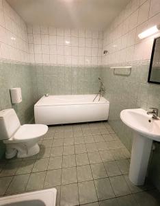 Viinistu维尼斯图艺术酒店的带浴缸、卫生间和盥洗盆的浴室