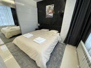 索非亚Luxury Central Apartment Verila的一间卧室配有一张床,上面有两条毛巾