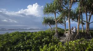 维拉港Papaya Villa的两个人坐在海滩上棕榈树下的长凳上