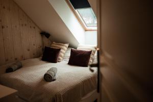 包道乔尼托毛伊Válibor Vinotéka Apartman的卧室配有带枕头的床铺和窗户。