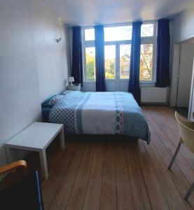 韦尔维耶Studio confort Verviers的一间卧室设有床和窗户,铺有木地板