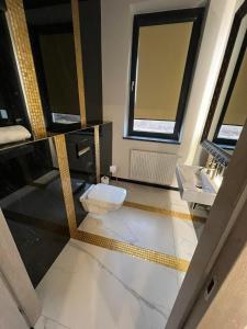 莱扎伊斯克Centrum Bankietowo - Hotelowe "Perła"的浴室设有白色卫生间和2个盥洗盆。